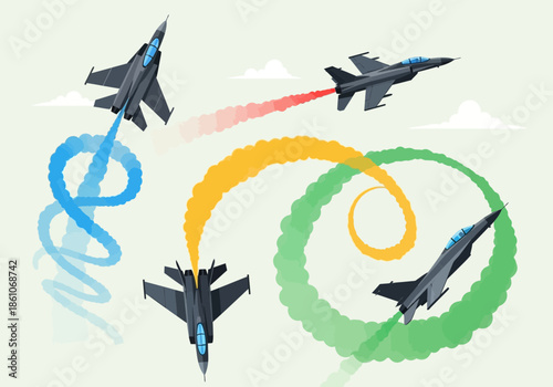Fighter jets perform aerial maneuvers with colored smoke trails.