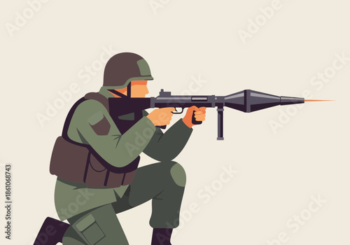 Soldier in uniform kneeling, aiming a rocket-propelled grenade launcher.