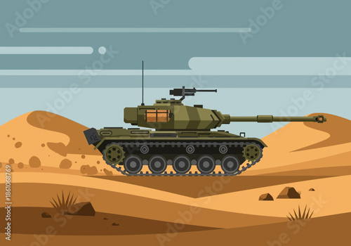 Military tank moving through a desert landscape with sand dunes.
