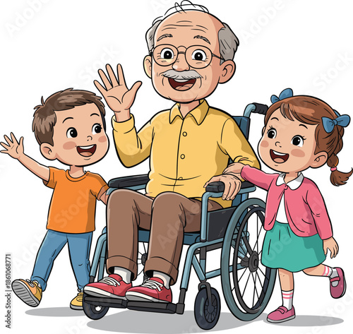 Happy grandfather in wheelchair waving with smiling grandchildren family support accessibility disability inclusion elderly care love generational bond together illustration vector