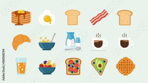 Collection of breakfast food icons on a light background.