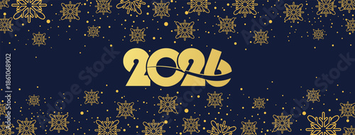Elegant New Year 2026 background featuring bold golden numerals centered on a deep blue backdrop, adorned with delicate golden snowflakes scattered throughout for a festive, luxurious winter holiday