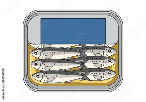 Open tin can filled with preserved fish in oil.