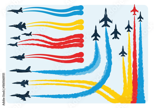 Jets fly in formation leaving colorful smoke trails against a light blue sky.