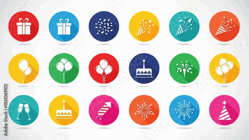Collection of colorful circular icons representing party and celebration elements.