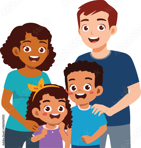 Happy Multiracial Family Portrait with Father Mother Son and Daughter Smiling Together for Diverse Unity Love and Parenting Vector Illustration