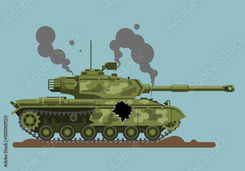 Damaged military tank emitting smoke from battle damage.