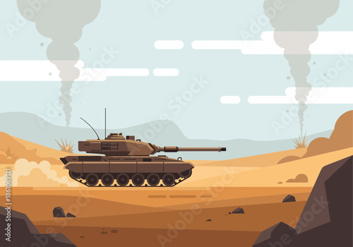 A military tank moves through a desert landscape with smoke plumes.