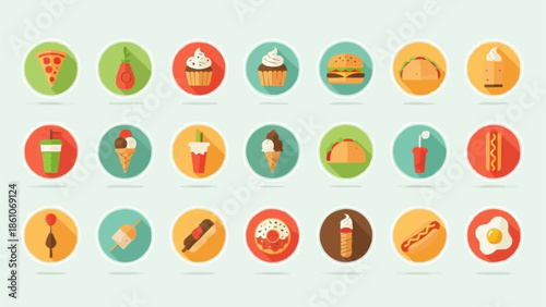 Collection of colorful flat design food icons in circles.