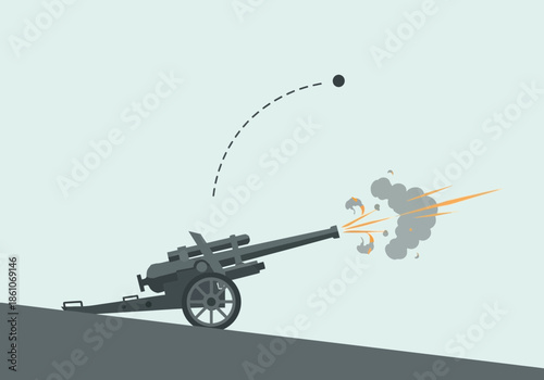 Artillery cannon firing a projectile with smoke and flames.