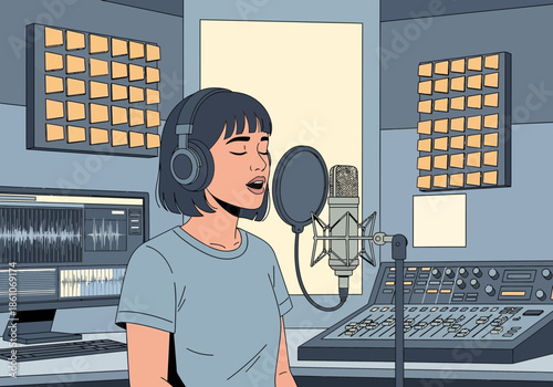 Woman singing into microphone in recording studio with audio equipment.
