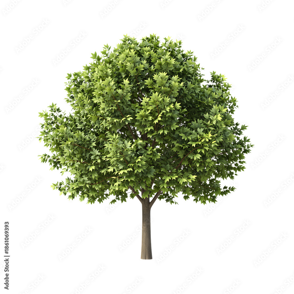 Obraz premium Lush green tree with dense foliage and delicate white flowers.