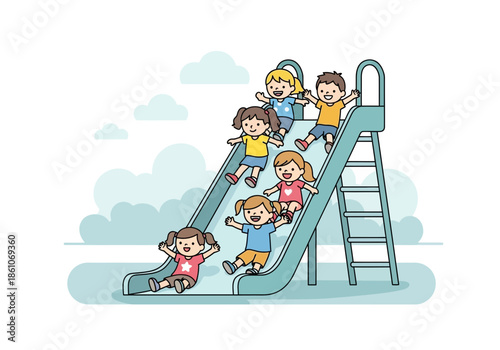 Children happily sliding down a playground slide together.