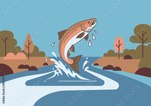 Salmon leaps from river water surrounded by trees and autumn foliage.