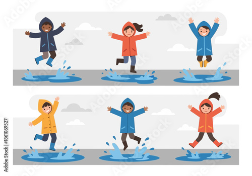Children in raincoats jump in puddles, splashing water.