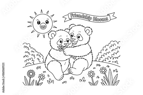 Two cute cartoon bears hugging in a sunny meadow with flowers and trees