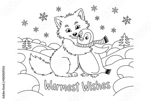 A heartwarming illustration of a fox and a raccoon embracing in a snowy landscape