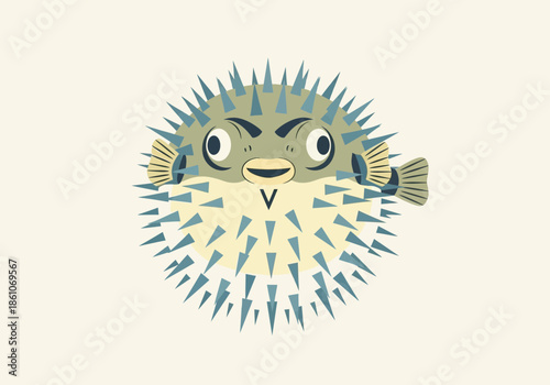 Cartoon pufferfish with spikes, looking angry and puffed up.