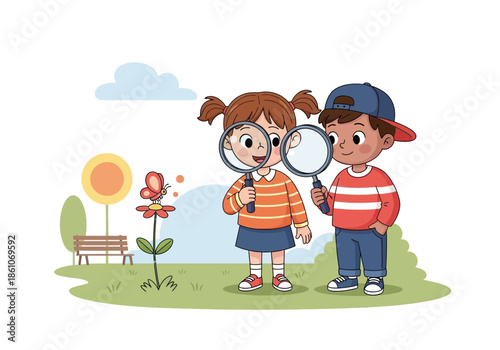 Children with magnifying glasses observe a butterfly on a flower.