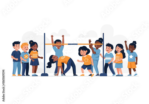 Children playing limbo under a bar with a group watching.