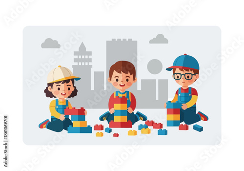 Three children build with colorful blocks in front of city buildings.