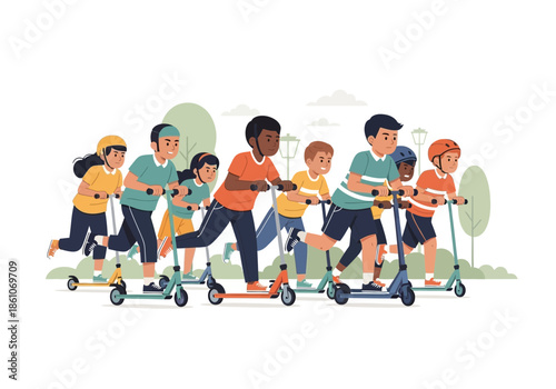 Diverse group of children riding scooters outdoors in a park.