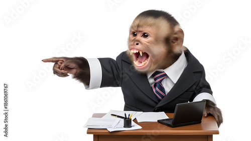 Angry Monkey Business Executive in Suit Pointing and Yelling at Desk isolated PNG with Transparent Background