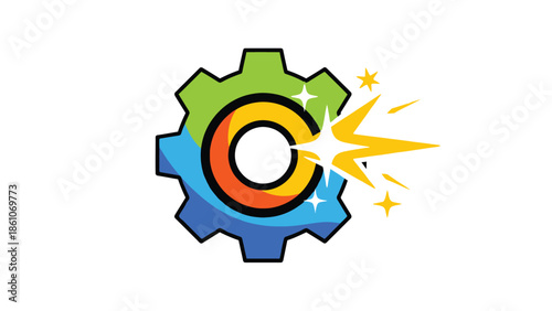 Colorful stylized letter c encased within a vibrant gear mechanism featuring bright yellow starburst energy highlights signifying speed or activation