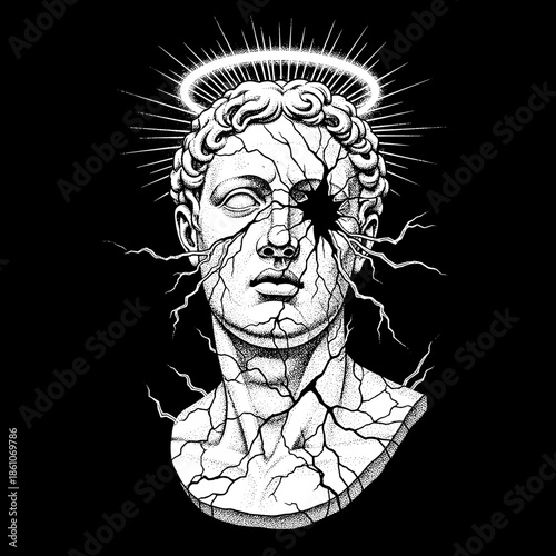 Cracked Marble Bust of a Classical Statue with a Halo and Lightning.