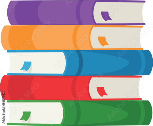 Stack of colorful hardcover books with bookmarks icon isolated on white background for education, learning, library, literacy, and school concept