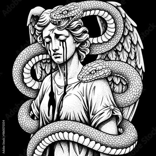 Angelic Statue Embraced by Serpents Symbolizing Inner Turmoil.