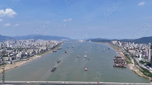 Aerial View of Xi Jiang River with Vessels in Zhaoqing, Guangdong, China