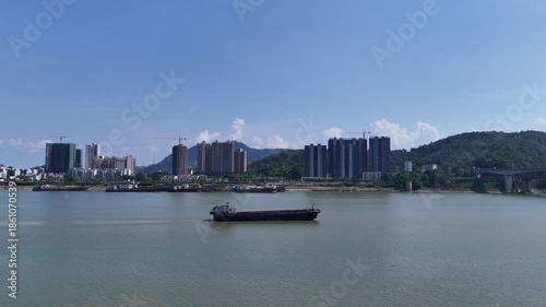 Cargo Vessel on Xi River, Zhaoqing Guangdong - Aerial View