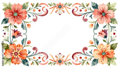 Floral Watercolor Border Design with Colorful Flowers and Ornamental Greenery Elements