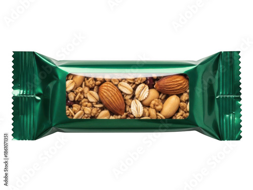Green wrapped granola bar with nuts