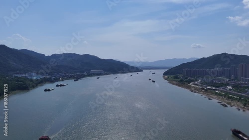 Aerial Photo Xi Jiang River Zhaoqing Guangdong with Cargo Vessels