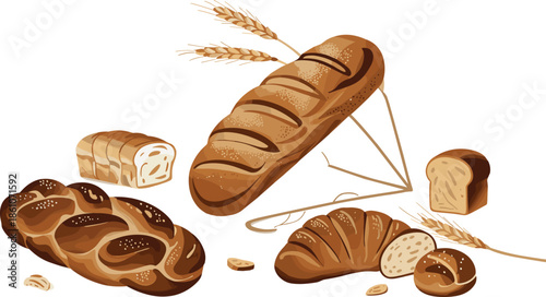 Title Large collection of bakery icons including french baguette croissants muffins chocolate donuts and sliced fruit bread isolated on white background