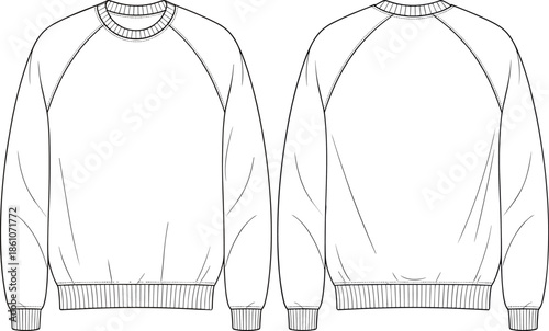 Vector technical flat sketch of a crewneck raglan sweatshirt template, front and back view, blank apparel design mockup for fashion industry.