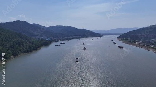 Aerial Photo of Xijiang River Vessels in Zhaoqing, Guangdong, China