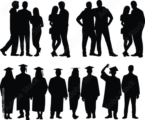 People silhouettes collection, business groups, graduation students, standing men women, professional teamwork, education success concept, black vector illustration isolated background