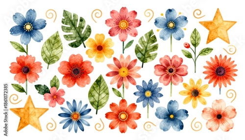 Vibrant Watercolor Floral Arrangement Featuring A Variety Of Colorful Flowers And Leaves