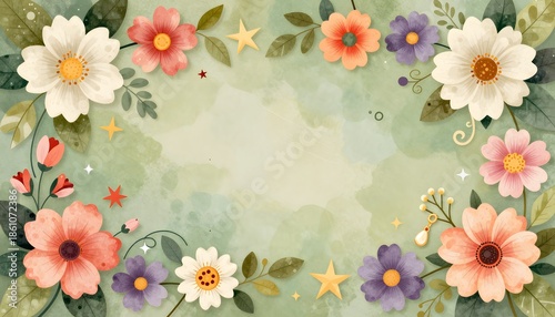 Colorful Floral Decorative Background with Soft Green Watercolor and Whimsical Elements