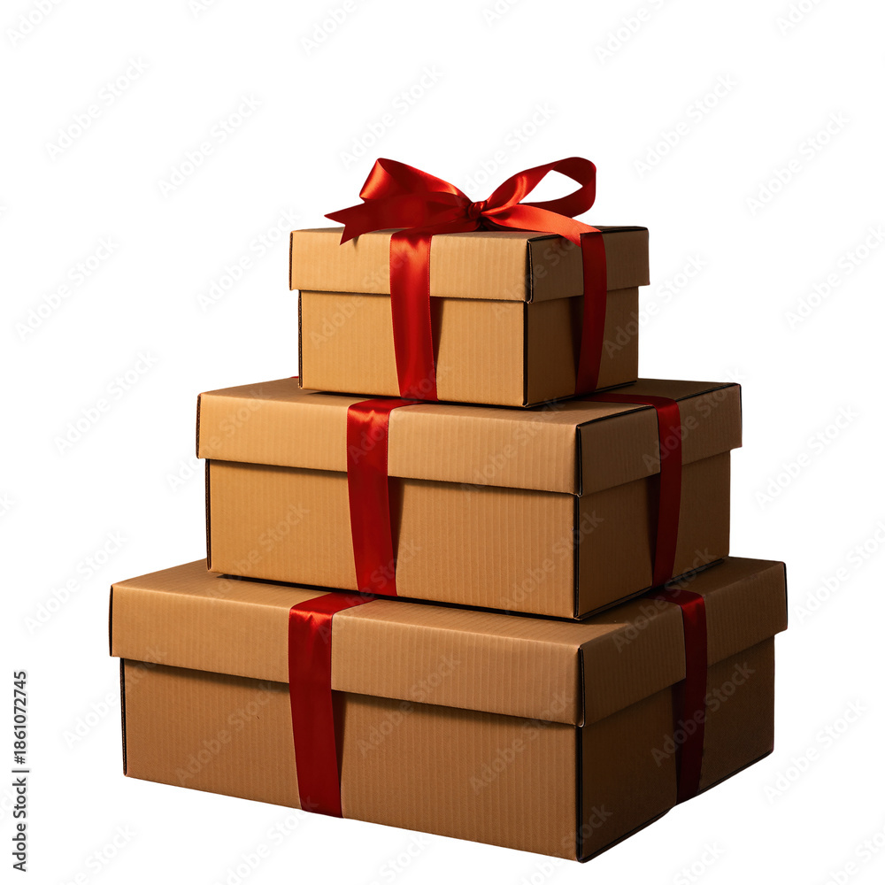 Fototapeta premium Stack of Three Brown Gift Boxes With Red Ribbons