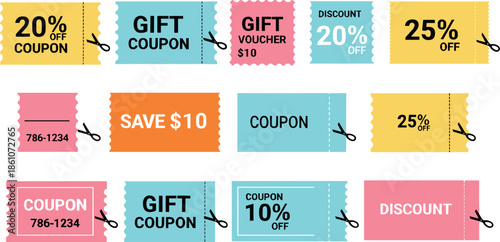 Discount coupon and gift voucher collection vector illustration featuring colorful promo tickets, sale labels, percentage offers, and retail marketing elements