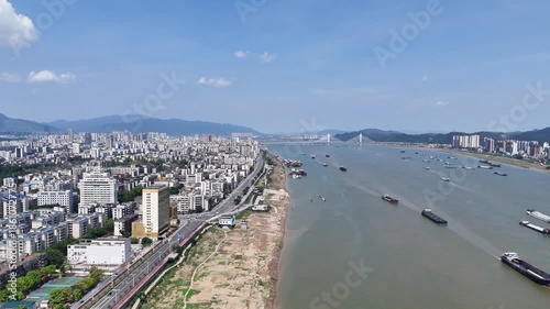 Zhaoqing Cityscape and Xi Jiang River Vessels, Guangdong China Aerial Photo