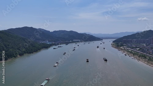 Aerial View of Vessels on Xijiang River, Zhaoqing, Guangdong