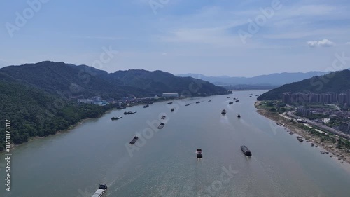 Aerial View of Cargo Vessels on Xi Jiang River, Zhaoqing, Guangdong