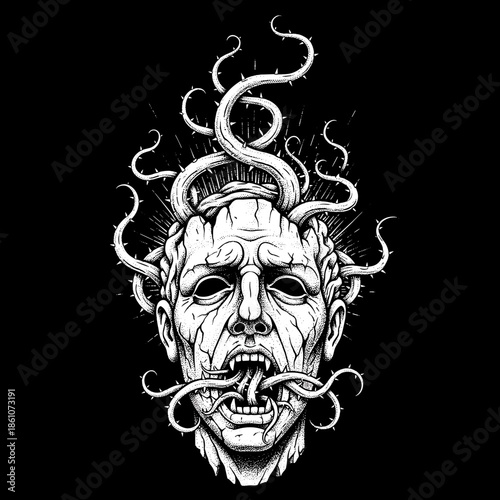 Disturbing Head with Tentacles Emerging from Brain and Mouth.