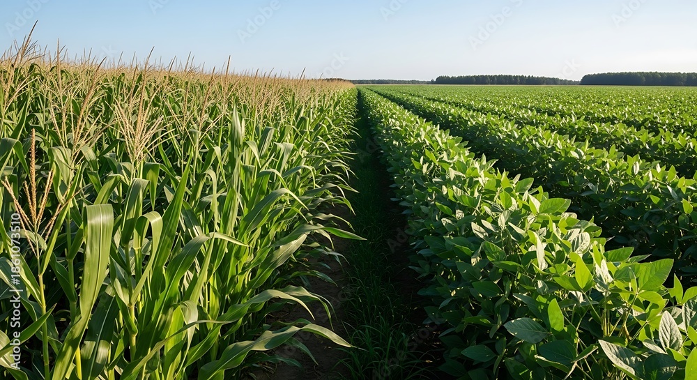Naklejka premium Agricultural fields with corn and soybeans.