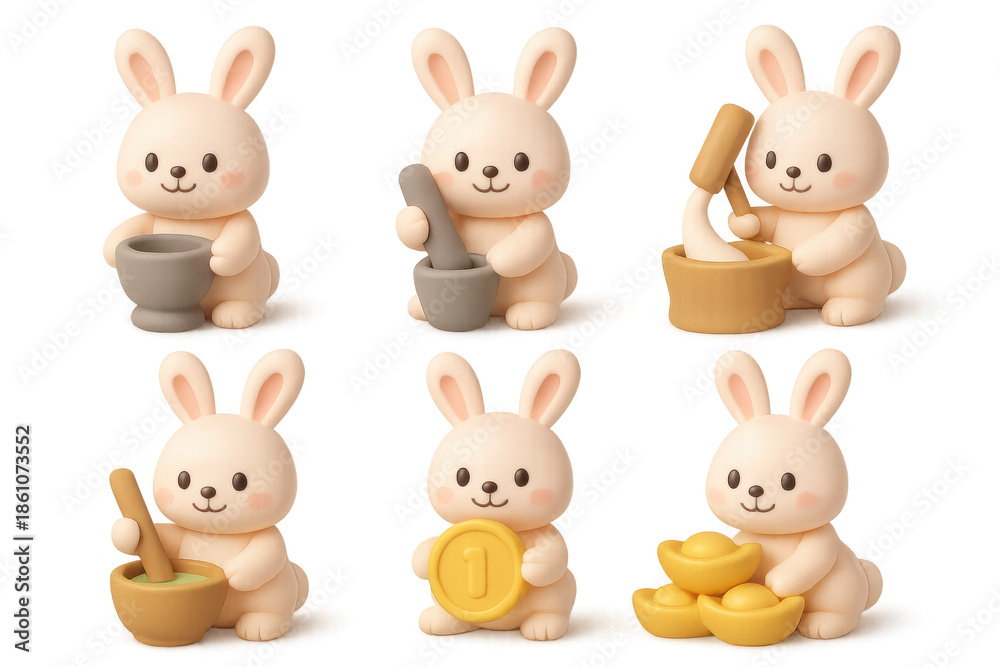 Fototapeta premium Cute rabbit icon set with various activities for holiday design and decoration